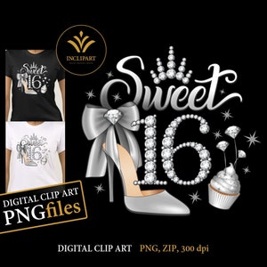 Sweet 16, digitale PNG-, JPG-Dateien. 16. Geburtstag Clip Art, DIY, printable Files. Silberner High Heel, Cup Cake, Diamant 16, Tiara, Krone png.