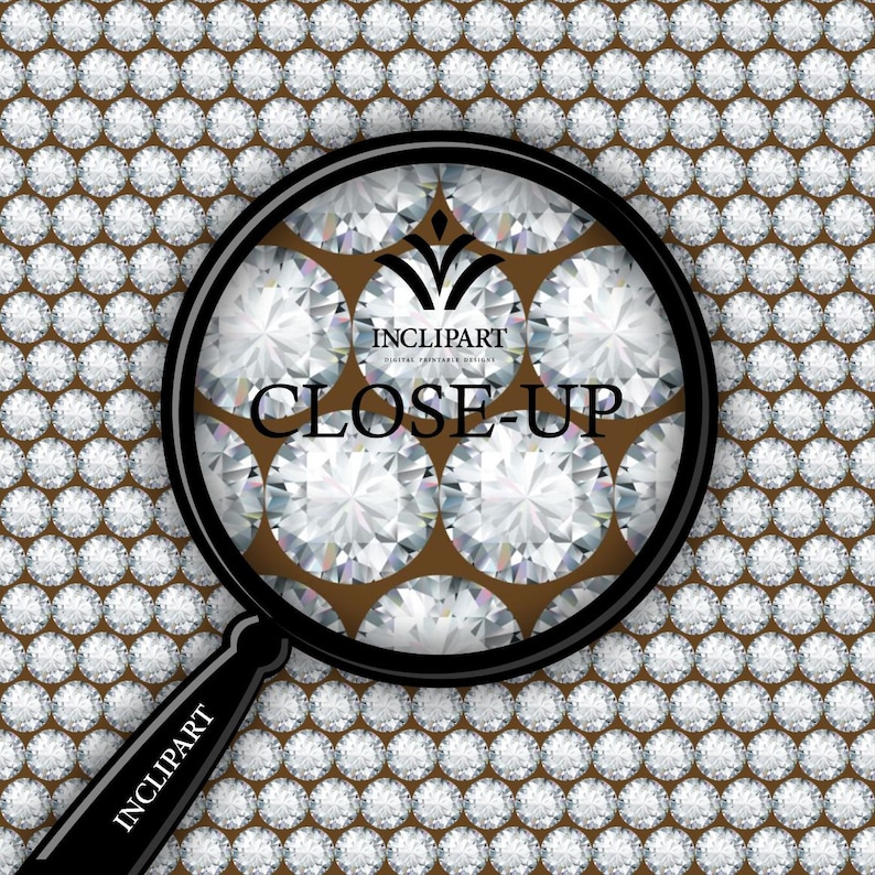 May include: A magnifying glass shows a close-up of a pattern of sparkling white diamonds on a brown background. The text "INCLIPART CLOSE-UP" is visible in the center of the image.