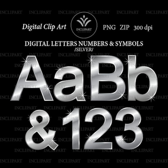 Silver, metallic letters and numbers digital clip art in PNG file format. Silver alphabet clipart. Instant download. Commercial use