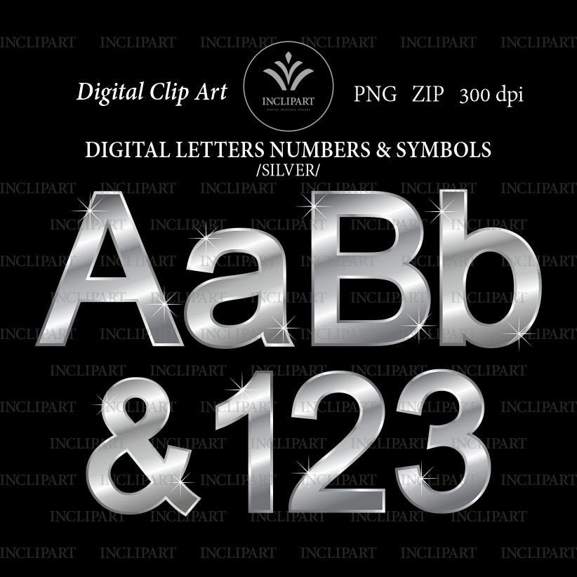 Silver Metallic Letters and Numbers Digital Clip Art in PNG - Etsy UK
