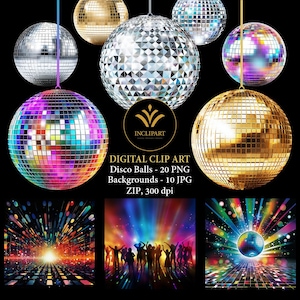 Bola de discoteca, clipart de festa de discoteca PNG, arquivos JPG para download digital. Bolas de discoteca douradas, prateadas, cores do arco-íris, fundos de discoteca arquivos JPG.