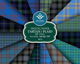 May include: A set of 16 digital paper patterns featuring various tartan and plaid designs in blue, green, red, and yellow. The patterns are arranged in a circular pattern with the text "DIGITAL PAPER TARTAN/PLAID 16 PNG 12 x 12 in 300 dpi ZIP Set 8" in the center.