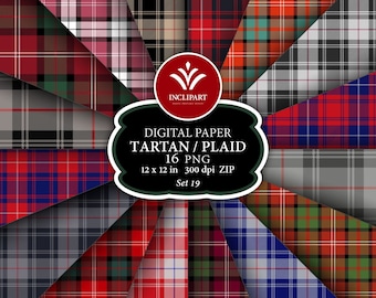 May include: A set of 16 digital paper patterns featuring various tartan and plaid designs in a variety of colors. The patterns are 12 inches by 12 inches and 300 dpi. The text "DIGITAL PAPER TARTAN/PLAID 16 PNG 12 x 12 in 300 dpi ZIP Set 19" is displayed in a black banner.