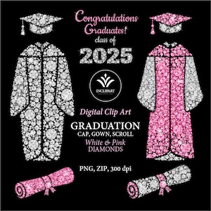Clip art digital de diamante de formatura, arquivos PNG. Boné, vestido, pergaminho, clipart de ano rosa, gema branca. Parabéns aos formandos, turma de 2025