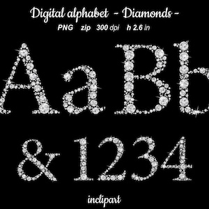 Clipart pedrería, letras de diamante, números. Las letras de chispa digitales numeran los símbolos de clip art. Descarga instantánea en formato PNG. Uso empresarial