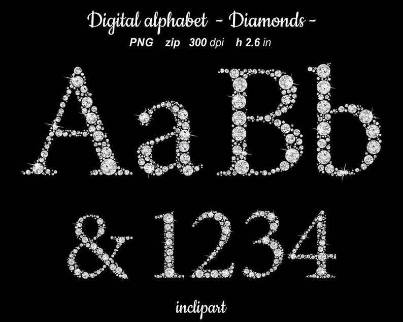 Clipart rhinestone, diamond letters, numbers. Digital sparkle letters numbers symbols clip art. Instant download in PNG format. Business use image 1