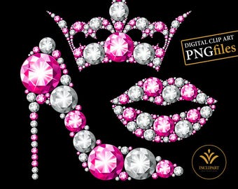 Hoge hakschoen, kroon, lippen digitale clipart PNG-bestandsindeling. Roze en witte diamant, strass-illustraties. Damesfeest clipart. Sublimatie.