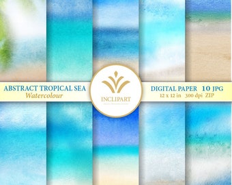 Abstract Tropical Sea Watercolour Digital Paper ClipArt. Set of 10 JPG watercolor backgrounds / digital papers. Printable. Instant download.