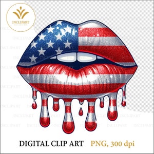 Goteo de labios, bandera estadounidense, patriótica de EE. UU., archivo PNG, clip art de sublimación, descarga digital imprimible. Imágenes prediseñadas de Glitter Lips, 1 archivo PNG.