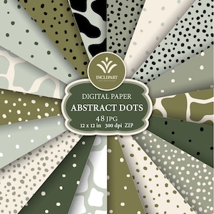 May include: A digital paper pack with 48 abstract dot patterns in green, white, and black. The patterns are arranged in a radial design with the text "DIGITAL PAPER ABSTRACT DOTS 48 JPG 12 x 12 in 300 dpi ZIP" in the center.