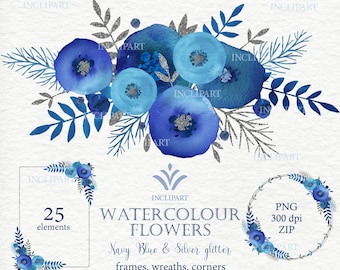 Watercolor Navy Blue Flowers clipart. Floral wreaths, corners, frames clip art. Dark Blue and silver glitter flowers. Instant download  PNG