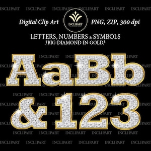 Diamante en números de oro, letras clipart, formato de archivo PNG. Alfabeto clip art. Brillo alfabeto clip art. Descarga digital instantánea, zip.