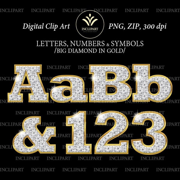 Diamond in gold numbers, letters clipart, PNG file format. Alphabet clip art. Sparkle alphabet clip art. Instant digital download, zip.