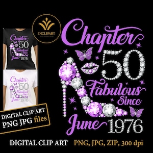 Puede incluir: Diseño de clip art digital con un zapato de tacón alto, el número 50 y las palabras "Chapter, Fabulous Since June 1976". El diseño es en tonos morados y blancos sobre fondo negro. Incluye archivos PNG, JPG y ZIP.