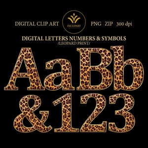 Formato file PNG clipart digitale alfabeto leopardato. Lettere e numeri clip art digitale. Download immediato. Formato PNG. Uso aziendale.