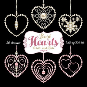 Pearl Heart clipart. Wedding, Valentine's decoration clip art 20 sparkle pearl & diamond hearts. Digital download PNG. Business use.