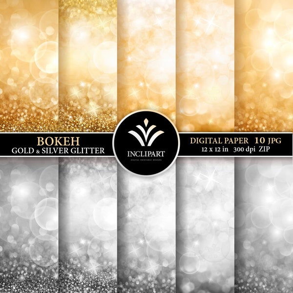 Bokeh digital paper. Gold, silver sparkle glitter background digital paper. Christmas clip art JPG. Printable Instant download. Business use