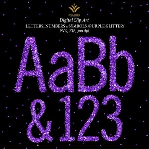 Purple glitter letters, numbers, symbols PNG files digital clip art. Glitter purple alphabet clipart. Instant download. Business use