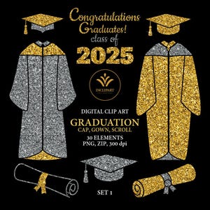 Image clipart remise des diplômes. Casquette, robe, clipart année de défilement. Clipart de félicitations aux diplômés. Clipart de paillettes d'argent doré. Téléchargement numérique PNG.