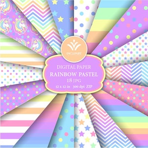 Pastel, colores suaves del arco iris, fondos de unicornio. Papel digital Strips y Chevrons. Papeles digitales de 18 JPG. Imprimible. Descarga instantánea.