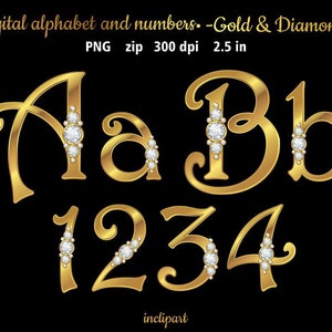 Diamonds in gold alphabet and numbers clip art. Letters, numbers, symbols clipart. Diamonds & gold alphabet. Instant download in PNG format.