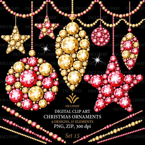 Diamond Christmas Ornaments Digital Clipart PNG. Red & Gold - Etsy