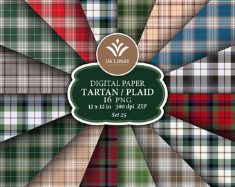 May include: A set of 16 digital paper patterns featuring various tartan and plaid designs in red, green, blue, and brown. The patterns are 12 inches by 12 inches and 300 dpi.