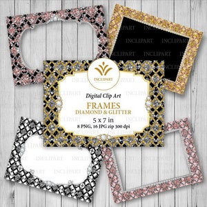 Imágenes prediseñadas de fotogramas. Marcos digitales de diamantes brillantes. Conjunto de 24 lujosas imágenes prediseñadas de varios marcos. Descarga instantánea. PNG, formato JPG. Uso comercial.