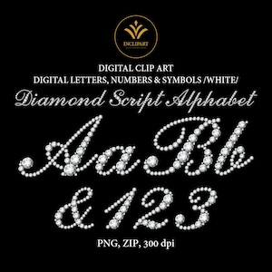 Alfabeto de diamantes. Letras digitales, números, símbolos, imágenes prediseñadas PNG. Gemas blancas brillantes, imágenes prediseñadas de letras de diamantes de imitación. Descarga instantánea PNG