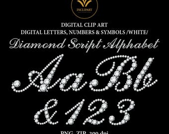 ダイヤモンドのアルファベット スクリプト。デジタル文字、数字、記号のクリップ アート PNG。白い輝きの宝石、ラインストーンの文字のクリップ アート。PNG をすぐにダウンロード