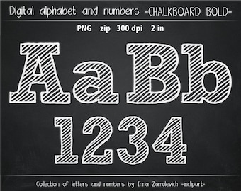 Może przedstawiać: Białe, obwiedzione konturem duże i małe litery A i B oraz cyfry 1, 2, 3 i 4 z paskowanym wzorem na czarnym tle tablicy. Tekst "Digital alphabet and numbers -CHALKBOARD BOLD-" znajduje się w górnej części obrazu. Tekst "PNG zip 300 dpi 2 in" znajduje się pod literami. Tekst "Collection of letters and numbers by Inna Zamulevich -inclipart-" znajduje się w dolnej części obrazu.