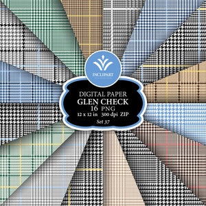 Glen, cheque Príncipe de Gales, patrón geométrico abstracto digital. 16 imágenes prediseñadas de fondo abstracto sin costuras PNG. Descarga instantánea PNG imprimible