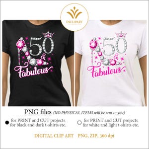 50 en fantastisch. 50e verjaardag digitale clipart PNG-indeling. Damesfeest, wit/zilveren en roze png-bestanden met hoge hak. Afdrukbare sublumatie. afbeelding 2
