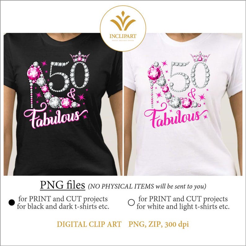 50 en fantastisch. 50e verjaardag digitale clipart PNG-indeling. Damesfeest, wit/zilveren en roze png-bestanden met hoge hak. Afdrukbare sublumatie. afbeelding 2