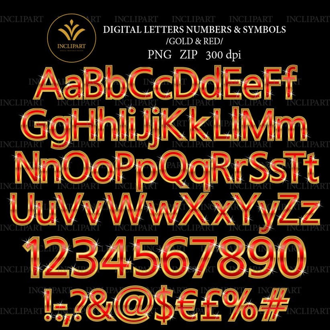 Gold and red alphabet Digital clip art in PNG file format. Etsy