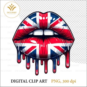 Lèvres goutte à goutte, drapeau britannique, Royaume-Uni, Union Jack, fichier PNG, clipart sublimation, téléchargement numérique imprimable. Image clipart de lèvres dégoulinantes, 1 fichier PNG.