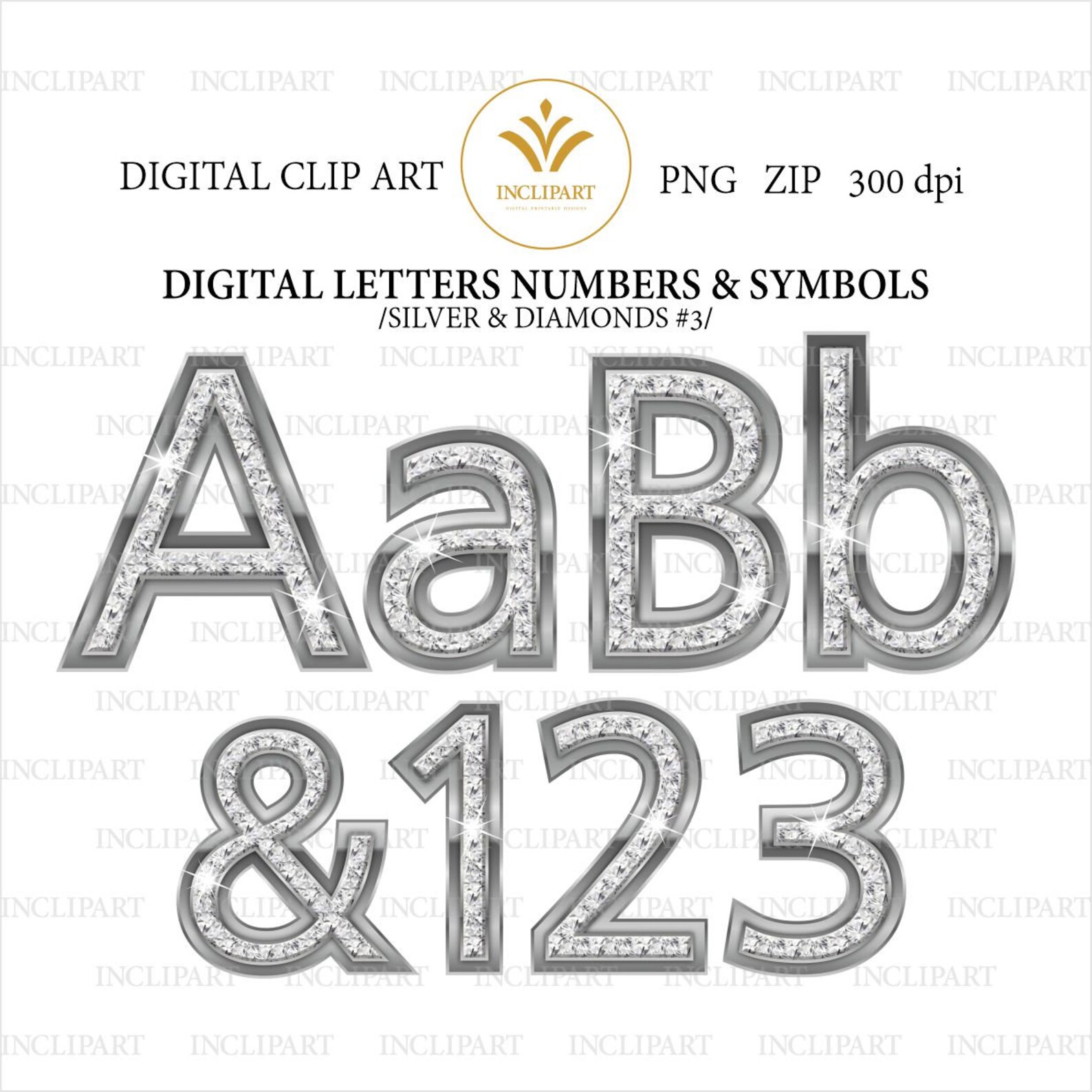 Silver and Diamond Alphabet Digital Clip Art in PNG File - Etsy