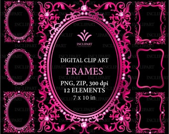 Pink frames digital clip art PNG file format. Pink and diamond frames, border. Digital frames PNG, transparent background. Instant download.
