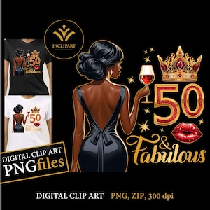 50 & Fabulous、誕生日のデジタル ダウンロード クリップアート PNG ファイル形式。昇華ファイル。ワイン グラスを持つ黒人女性、誕生日 DIY クリップアート。