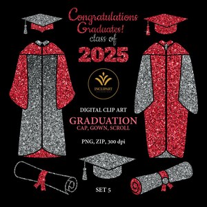 Clip art de formatura. Boné, vestido, clipart de ano de rolagem. Parabéns, graduados, clipart. Clipart de glitter vermelho e prateado. Download digital PNG