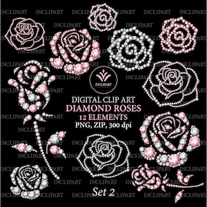 Imágenes prediseñadas digitales de Diamond Roses en formato de archivo PNG. Clipart de rosas de oro rosa y pedrería blanca. Descarga instantánea. Uso comercial