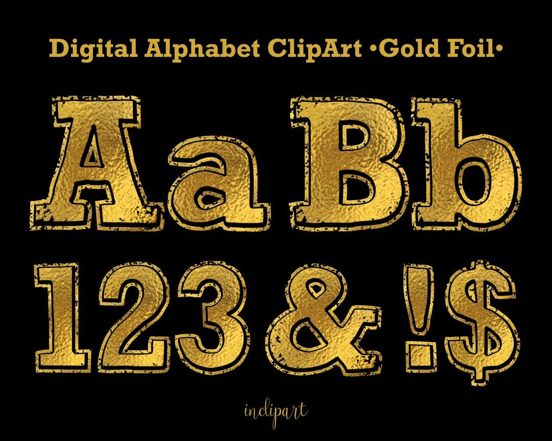 Gold Foil Alphabet Clipart. Gold Foil Bold Letters, Numbers, Symbols