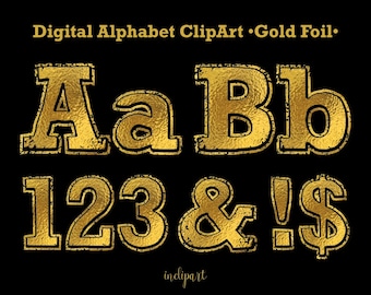 Gold Foil Alphabet Clipart. Gold foil bold letters, numbers, symbols clip art. Instant digital download in PNG format. Business use.