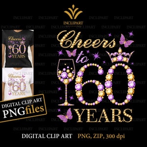 Proost op 60 jaar, digitale illustraties PNG, JPG-bestandsformaten. 60e verjaardag illustraties, DIY, afdrukbare bestanden. Wijnglas, vlinder png-bestanden.