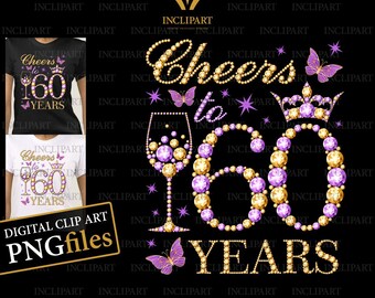 May include: Digital clip art design featuring a purple and gold diamond-shaped '60' with the words 'Cheers to 60 Years' and a wine glass with a butterfly.