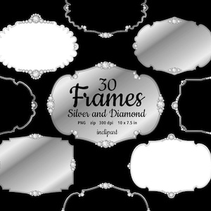 Arte clip de marcos digitales de plata y diamantes. Conjunto de 30 varias platas con marcos de diamantes clipart. Descarga instantánea en formato PNG.