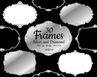Silver and Diamonds digital Frames Clip Art. Set of 30 various silver with diamonds frames clipart. Instant download in PNG format.