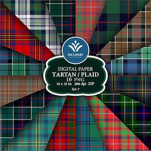 以下が含まれることがあります： さまざまな色で、さまざまなタータンと格子柄のデザインを特徴とする、16種類のデジタルペーパーパターンセット。パターンは円形に配置され、中央には「DIGITAL PAPER TARTAN/PLAID 16 PNG 12 x 12 in 300 dpi ZIP Set 7」というテキストがあります。
