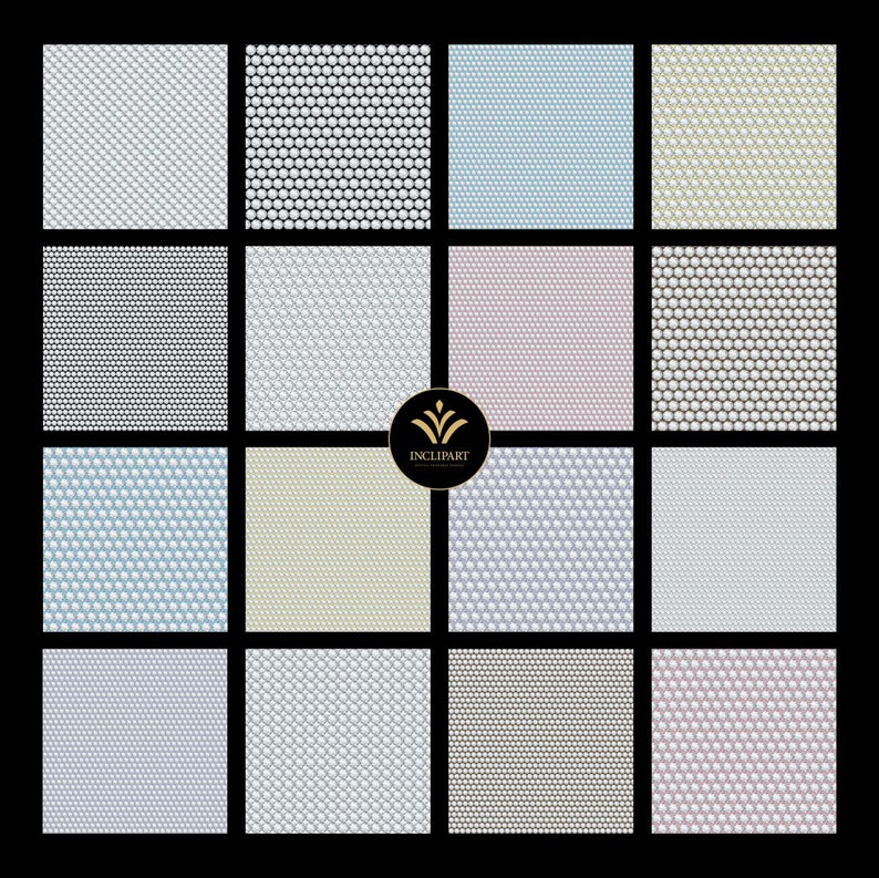 May include: A set of 12 seamless patterns featuring a repeating hexagonal design with white circles on various colored backgrounds, including white, light blue, light pink, beige, and gray.