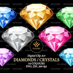 May include: Ten colorful diamond or crystal shapes, each with a different color, including blue, gold, silver, pink, purple, green, and light blue. The diamonds are set against a black background. The text "Digital Clip Art DIAMONDS / CRYSTALS 10 COLOURS PNG, ZIP, 300 dpi" is at the bottom of the image.